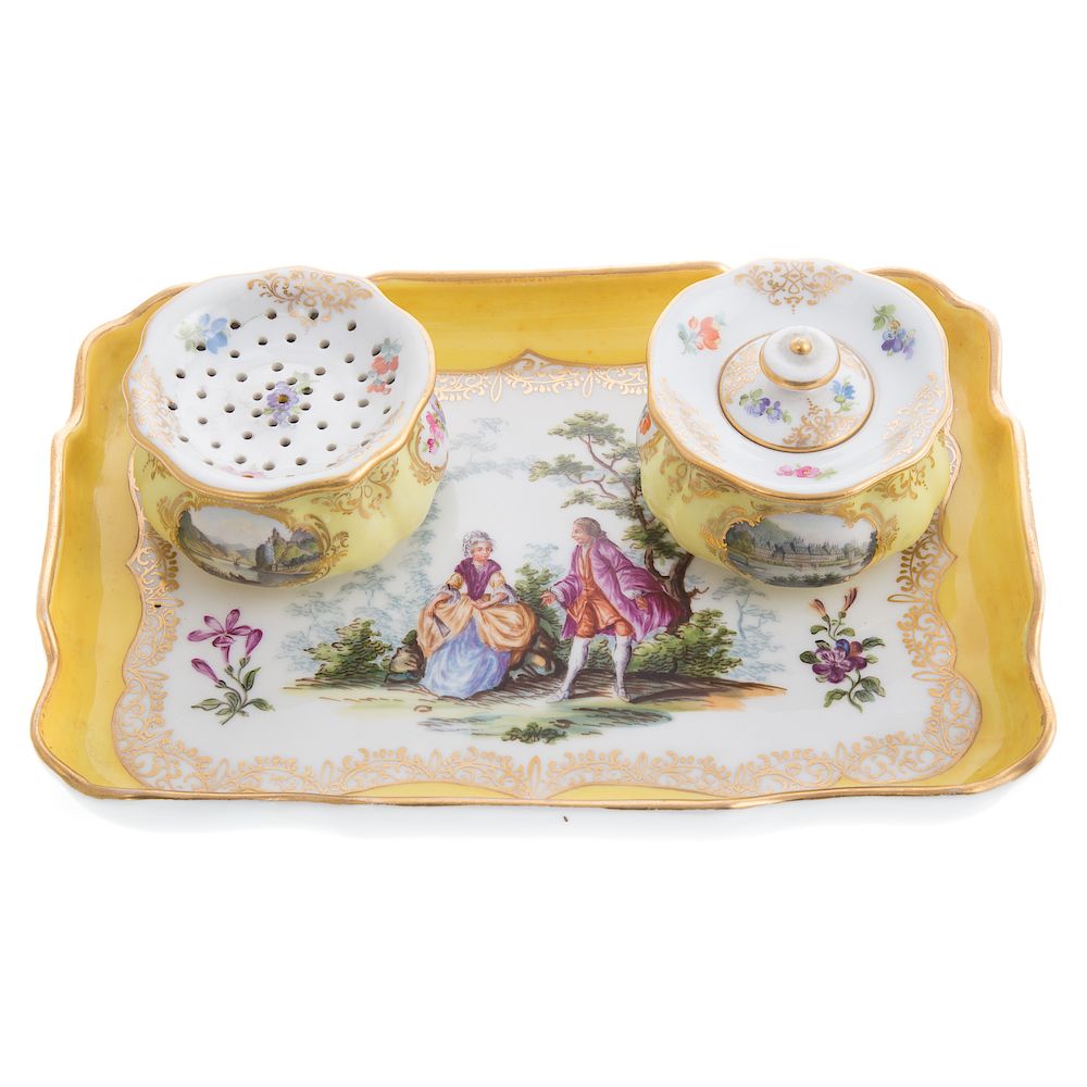 Appraisal: Meissen Porcelain Standish th century rectangular tray with painted scene