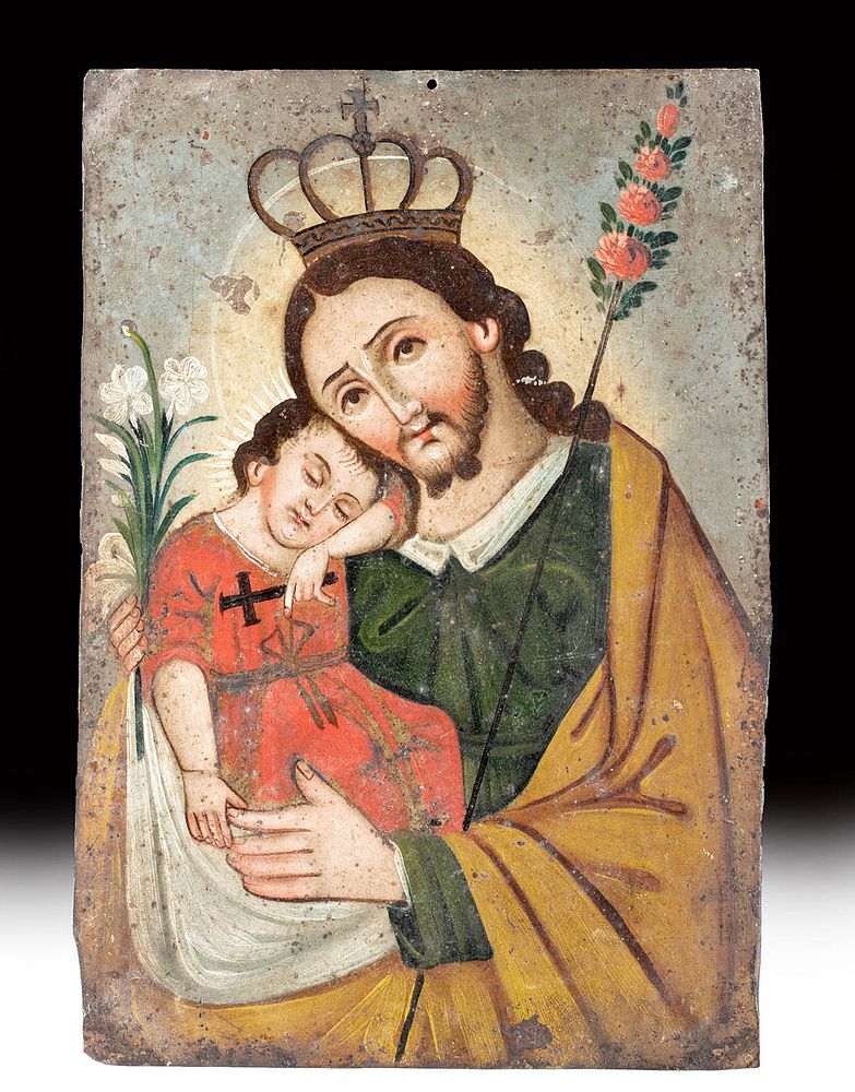 Appraisal: Antique Mexican Retablo - St Joseph Christ Child Latin America