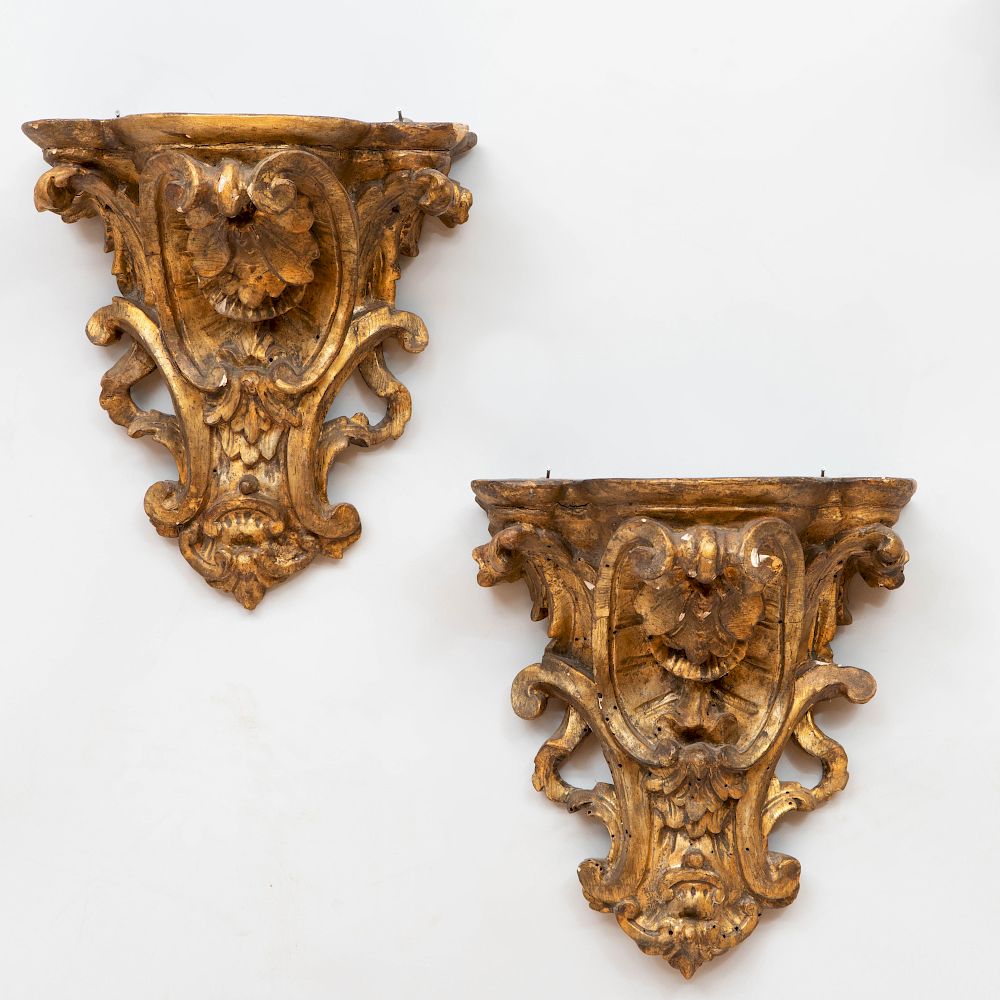 Appraisal: Pair of Louis XV Style Giltwood Wall Brackets Each foliate