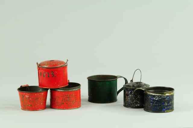 Appraisal: GROUPING OF EARLY TIN CUPS AND PAILS Hand painted tin