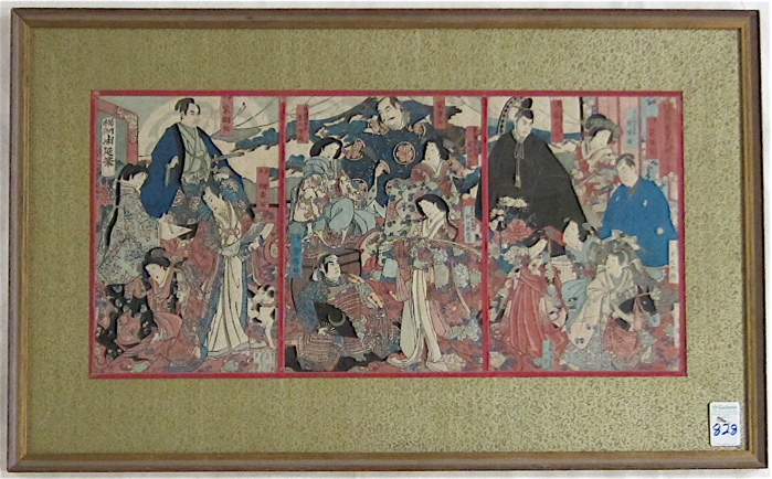 Appraisal: JAPANESE WOODCUT TRIPTYCH featuring various actors in costume Combined the