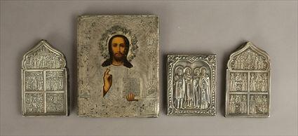 Appraisal: Russian Icon with Silver Riza Together with three silvered metal