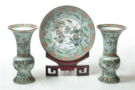 Appraisal: THREE PIECE CONSOLE SET China th century porcelain Famille Verte