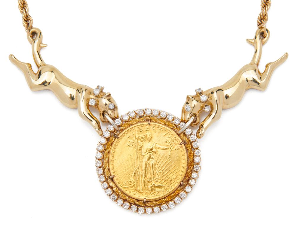 Appraisal: K Gold Gold Coin and Diamond Necklace centering a United