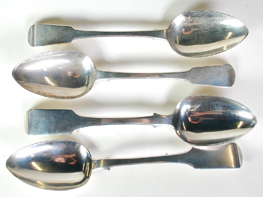 Appraisal: PAIR OF GEORGE III FIDDLE PATTERN SILVER TABLESPOONS by William