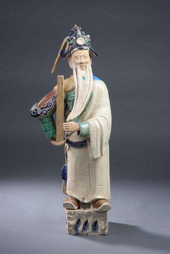 Appraisal: CHINESE POLYCHROME POTTERY FIGURE OF DIGNITARY Standing wearing long beard