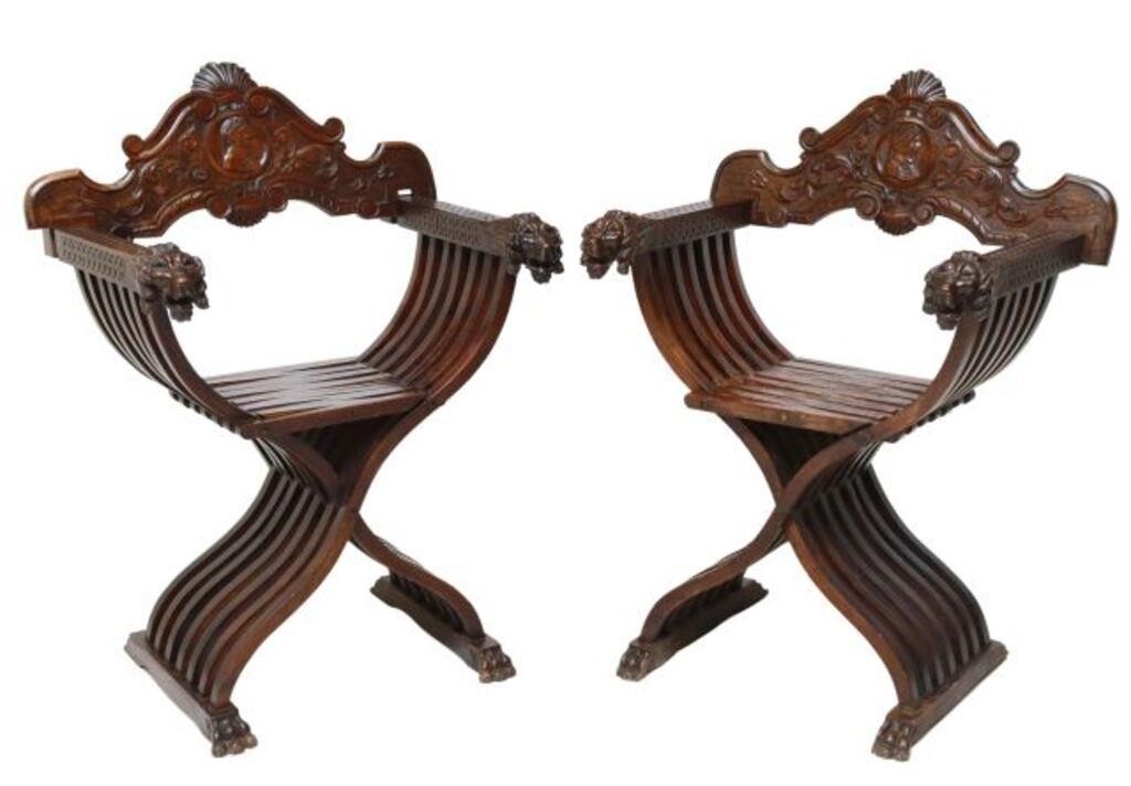 Appraisal: pair Italian carved walnut Savonarola chairs th c scrolling foliate