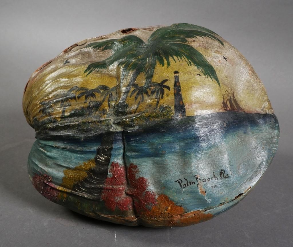 Appraisal: Vintage whole coconut with handpainted waterside scene with Palm Beach