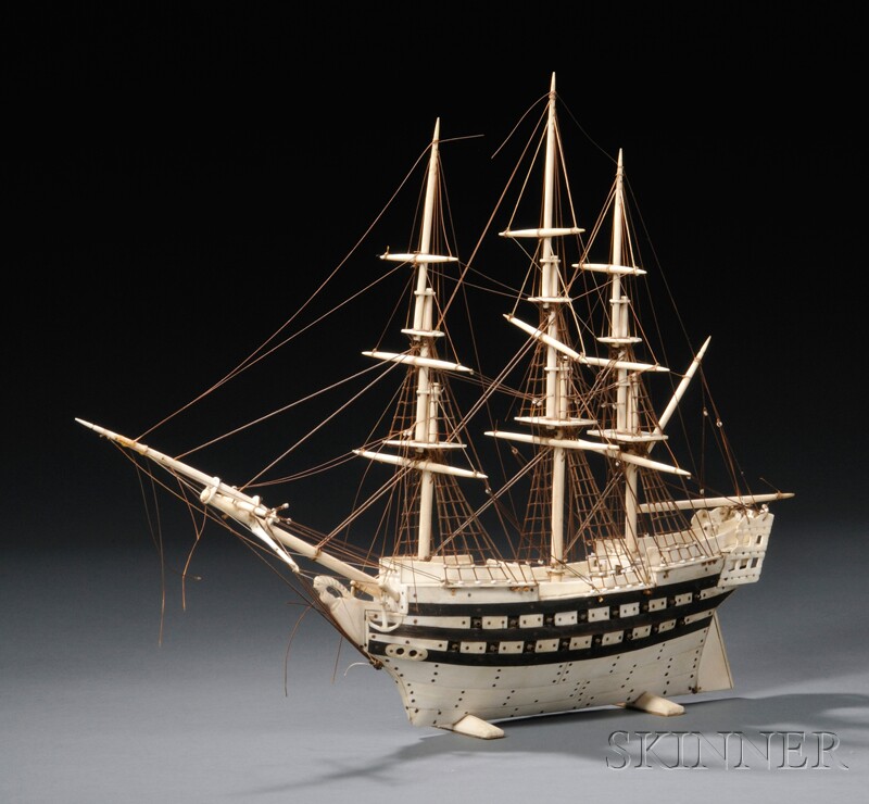 Appraisal: Napoleonic Prisoner-of-war-made Model of a Frigate late th century plank-constructed