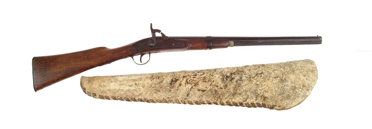 Appraisal: ALTERED EUROPEAN PERCUSSION MUSKET WITH RAWHIDE SCABBARD Cal about Musket