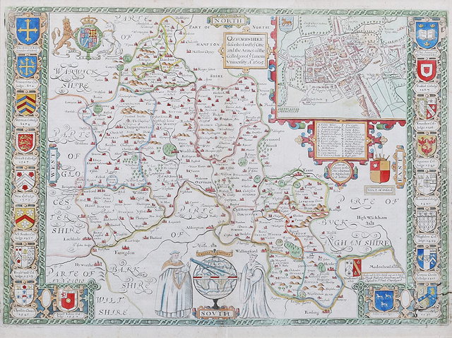 Appraisal: JOHN SPEED'Oxfordshire' with vignette aerial plan of Oxford Royal Coat