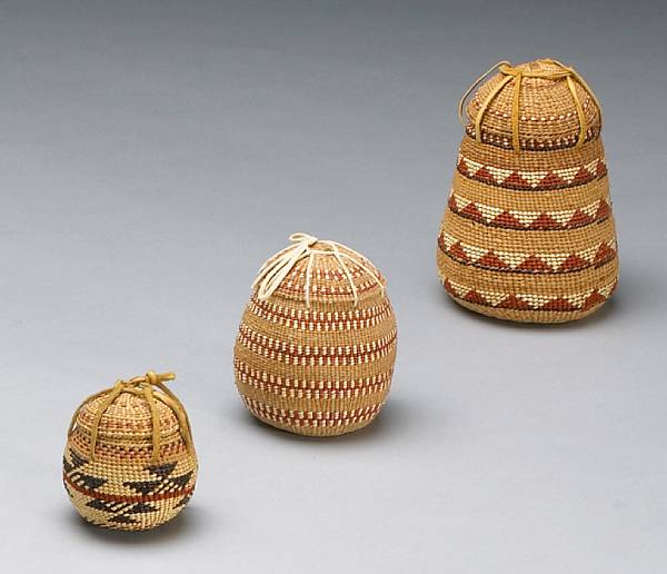 Appraisal: Three Northwest California polychrome lidded tobacco baskets With banded and