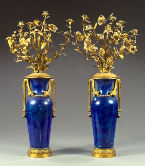 Appraisal: Stately Pair of Gilt-Brass-Mounted Lapis-Lazuli-Painted Porcelain Vasiform Eight-Light Bouquet Candelabra