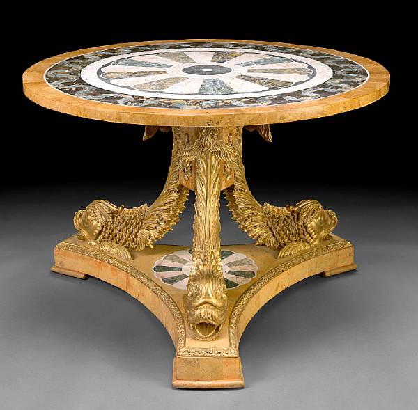 Appraisal: A Neoclassical style marble veneered giltwood and composition center table