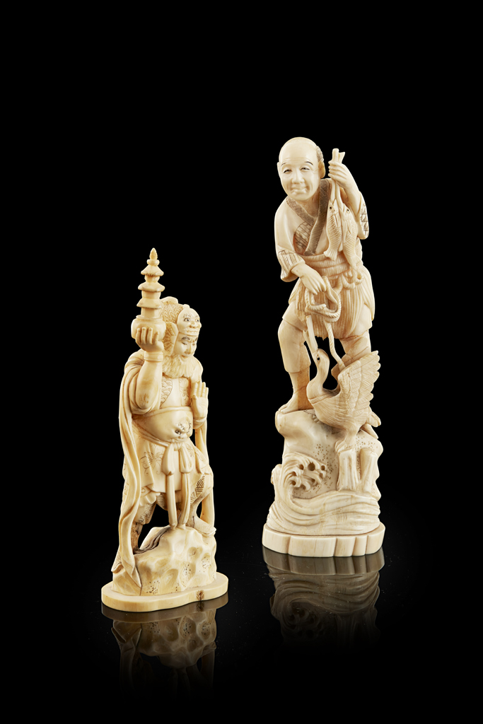 Appraisal: YCARVED IVORY OKIMONO OF A CORMORANT FISHER MEIJI PERIOD the