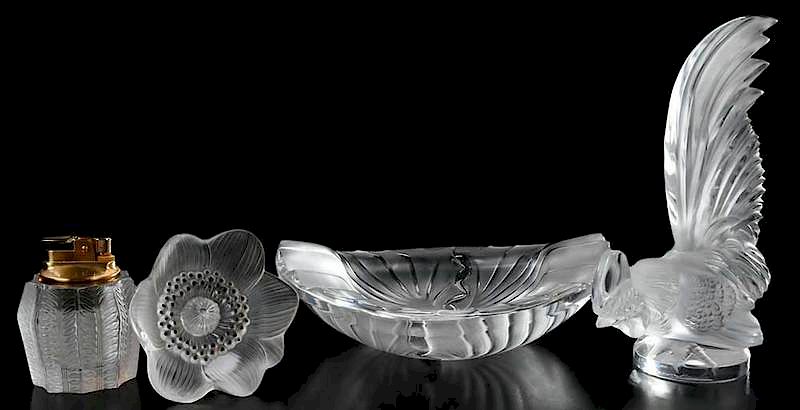 Appraisal: Four Lalique Frosted Glass Objects including Cendrier Nancy dish -