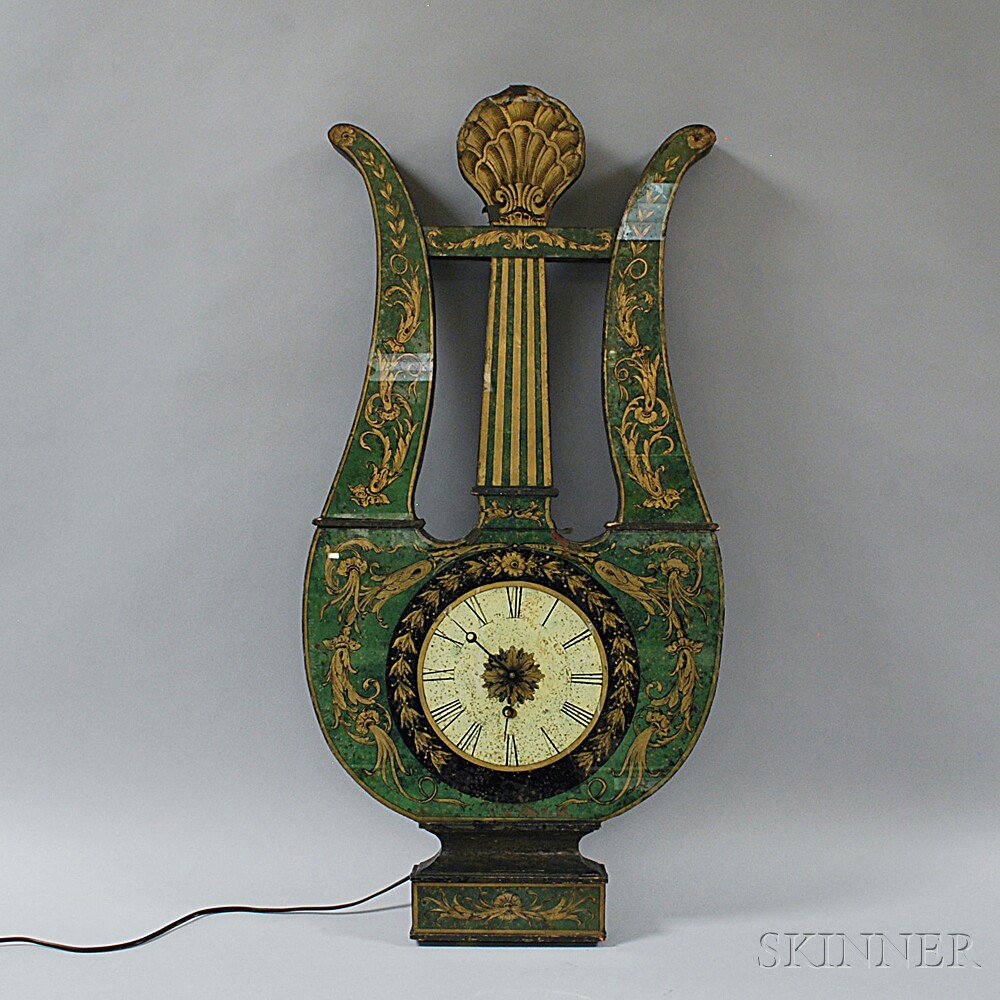 Appraisal: French Reverse-painted Wall Clock th century the lyre-form clock with