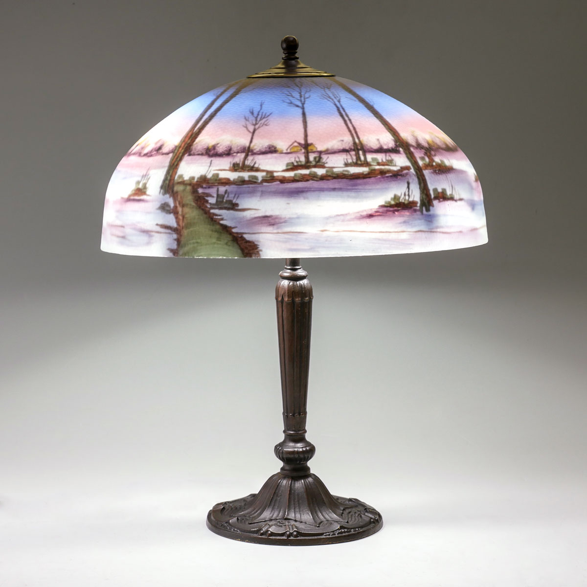 Appraisal: SCENIC REVERSE PAINTED CHIPPED ICE STYLE LAMP The shade is