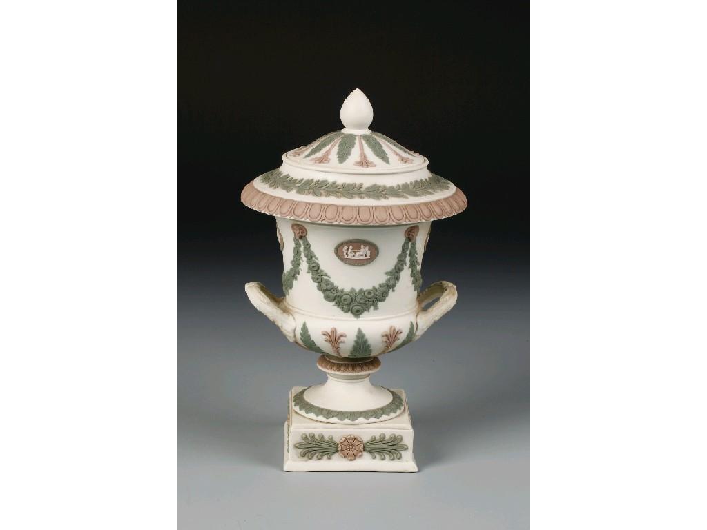 Appraisal: A WEDGWOOD THREE COLOUR JASPER WARE CAMPANA-SHAPED VASE AND COVER