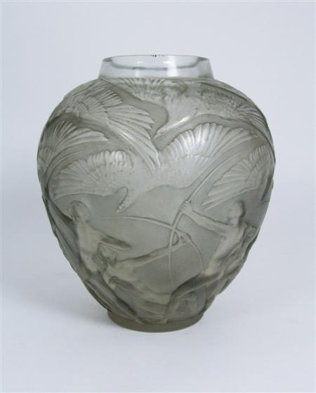 Appraisal: LALIQUE 'ARCHERS' VASE DESIGNED frosted clear and grey stained glass