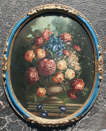 Appraisal: CONTINENTAL SCHOOL FLORAL STILL LIFE IN PAINTED OVAL FRAME Iris