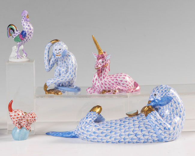 Appraisal: PIECE HEREND FISHNET ANIMALS FIGURINES pieces total to include Blue