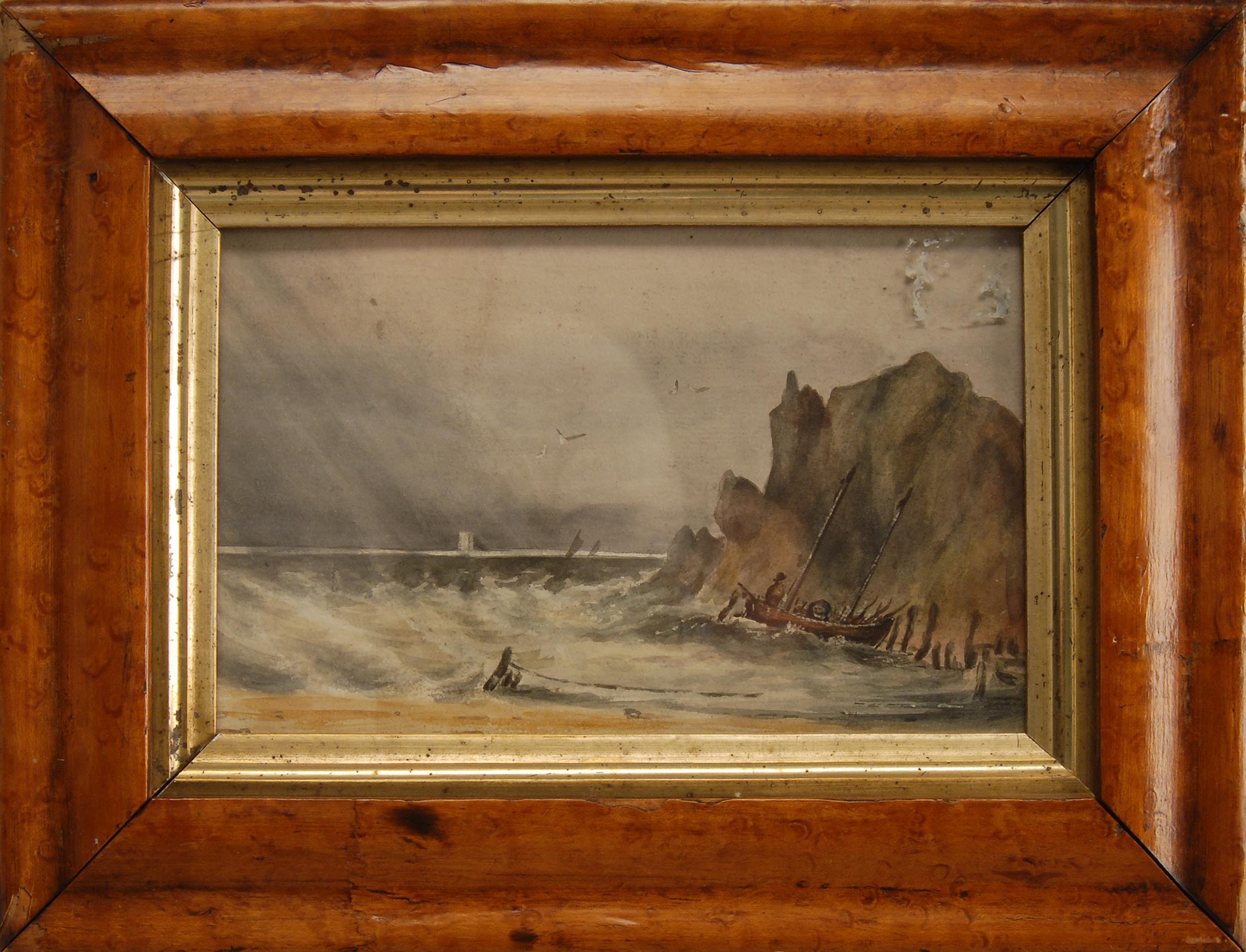 Appraisal: FRAMED WATERCOLOR ARTIST UNKNOWN Rocky coastal scene with a small