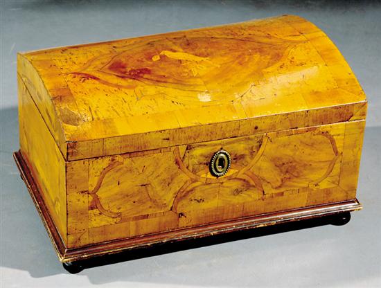 Appraisal: Continental inlaid walnut miniature chest th century bird-inlaid domed hinged