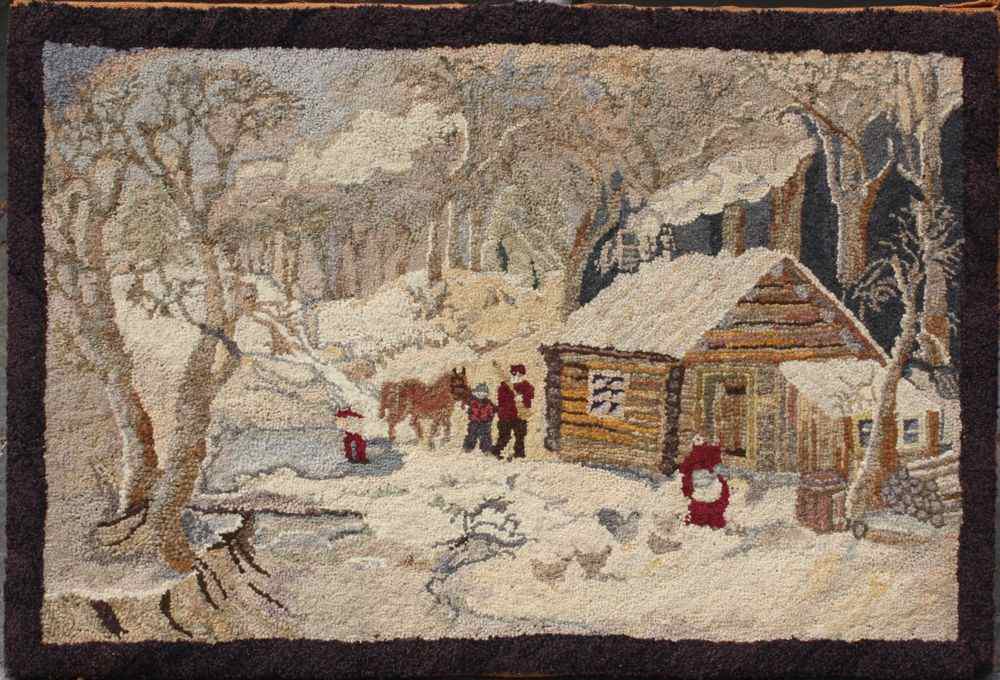 Appraisal: MOUNTED HOOKED RUG th CenturyWinter landscape with cottage and figures