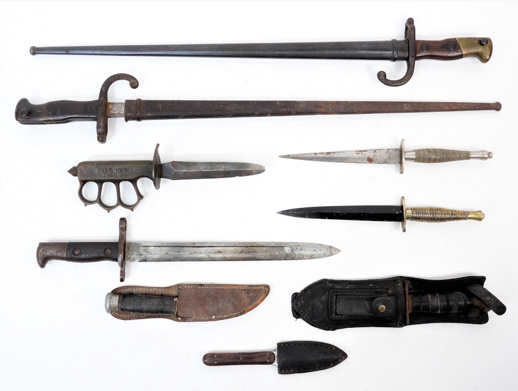 Appraisal: GROUP OF BAYONETS AND FIGHTING KNIVES Two French Gras bayonets