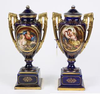 Appraisal: Pair of Royal Vienna enamel decorated covered urns Pair of