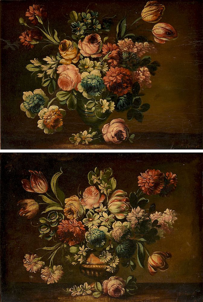 Appraisal: A PAIR OF ITALIAN SCHOOL OF PAINTINGS Flowering Lobed Urn