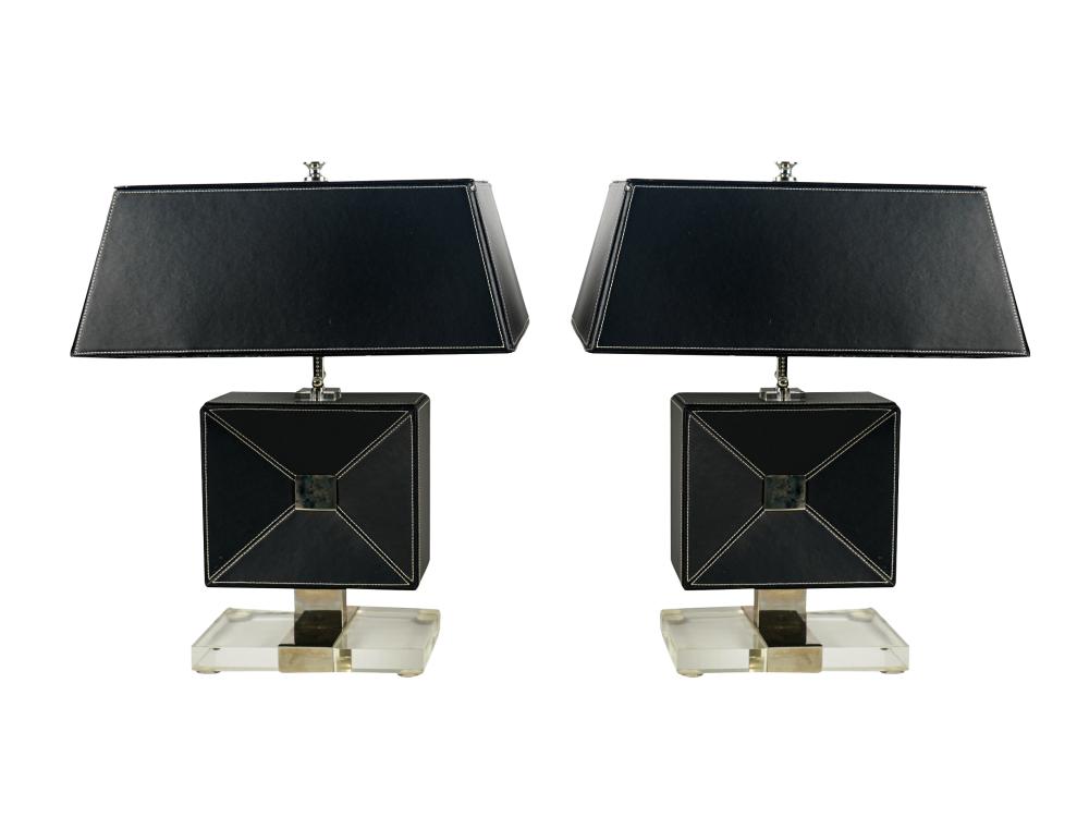 Appraisal: PAIR OF MODERN TABLE LAMPSleather wrapped shade and body on