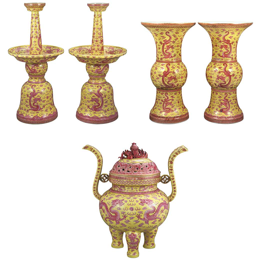 Appraisal: Chinese Pink and Yellow Glazed Porcelain Garniture Qianlong Mark and