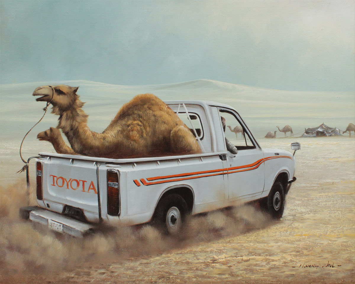 Appraisal: CHEOL HWANG Korean - Unusual Arabian Desert Scene with Toyota