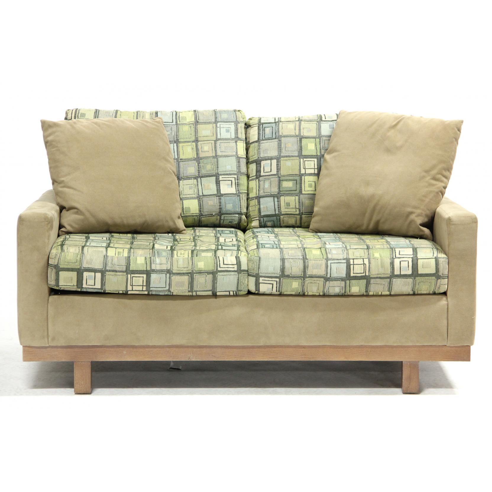 Appraisal: Weiman Loveseat contemporary microsuede and woven fabric cushions raised on