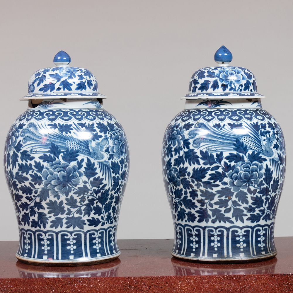 Appraisal: Pair of Chinese Blue and White Jars and Covers on