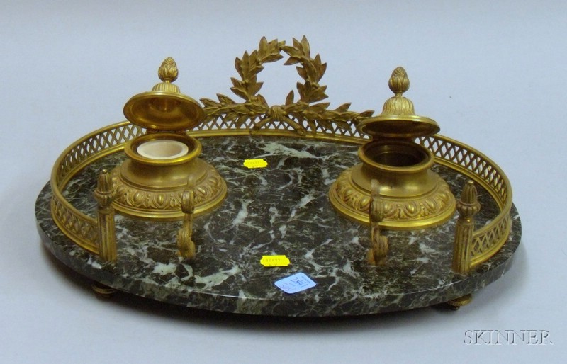 Appraisal: Louis XVI Style Brass-mounted Marble Double Inkstand One inkwell lacking