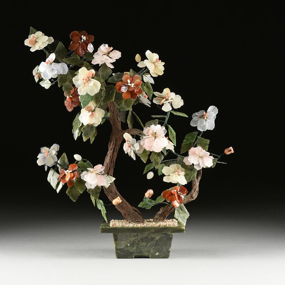 Appraisal: A CHINESE CARVED JADE AND HARDSTONES BLOSSOMING TREE MODERN A