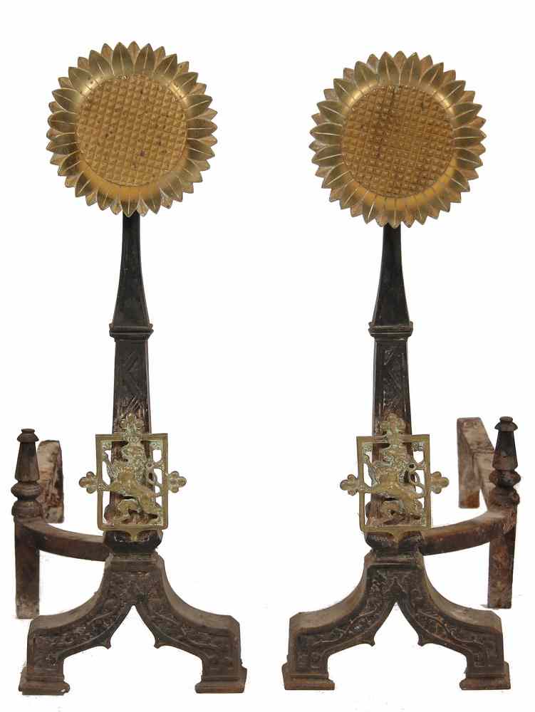 Appraisal: PAIR SUNFLOWER ANDIRONS - Pair Fancy Cast Iron Brass Fitted