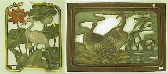 Appraisal: Two Oriental pierced wood plaques one depicting a heron among