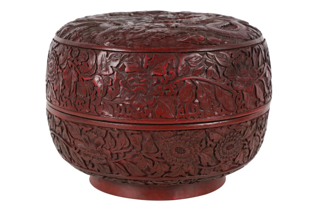 Appraisal: CHINESE CINNABAR COVERED BOXsix character mark to underside round with