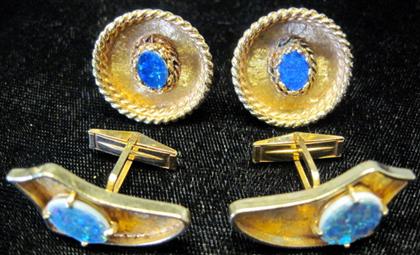 Appraisal: Two pairs yellow gold 'opal' cufflinksOne of Circular form set