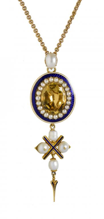 Appraisal: A GOLD ENAMEL CITRINE AND SEED AND FRESHWATER PEARL PENDANT