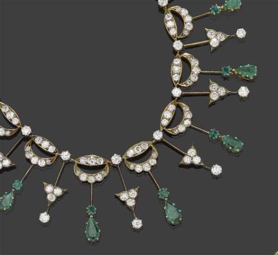 Appraisal: DIAMOND AND EMERALD NECKLACE ca Yellow gold Very fancy necklace