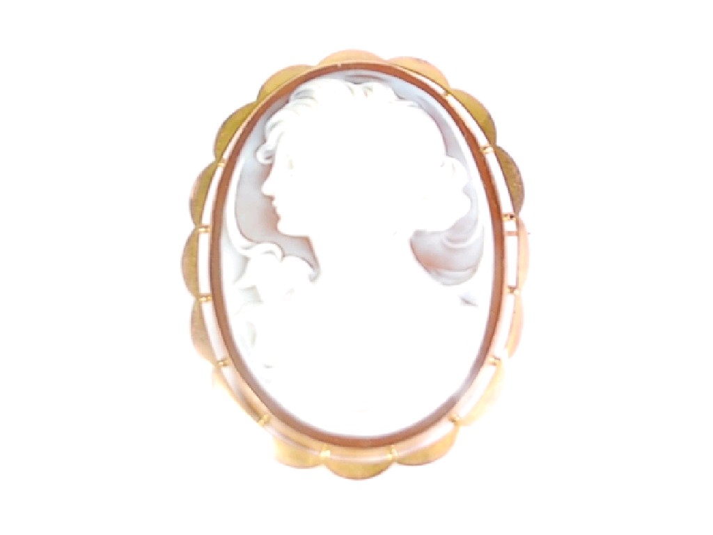 Appraisal: ART NOUVEAU CARVED OVAL SHELL CAMEO BROOCH depicting a female