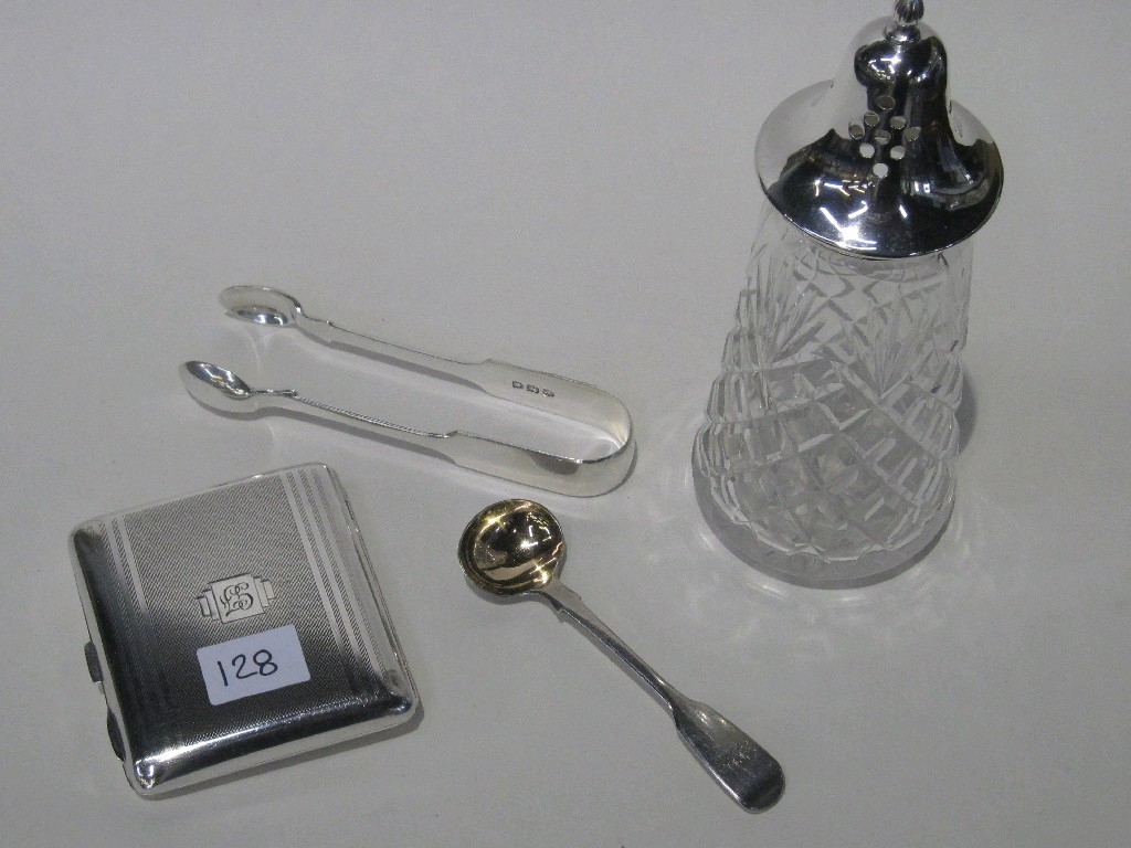 Appraisal: Lot comprising silver topped castor cigarette case tongs and a