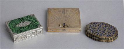 Appraisal: CONTINENTAL MALACHITE-MOUNTED SILVER COSMETIC BOX AN ENAMEL-INLAID GOLD BOX AND