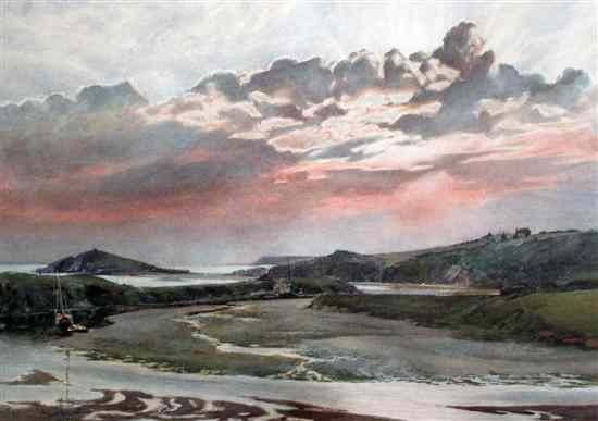 Appraisal: Frank Hewett Exh - watercolour Coastal landscape at sunset signed