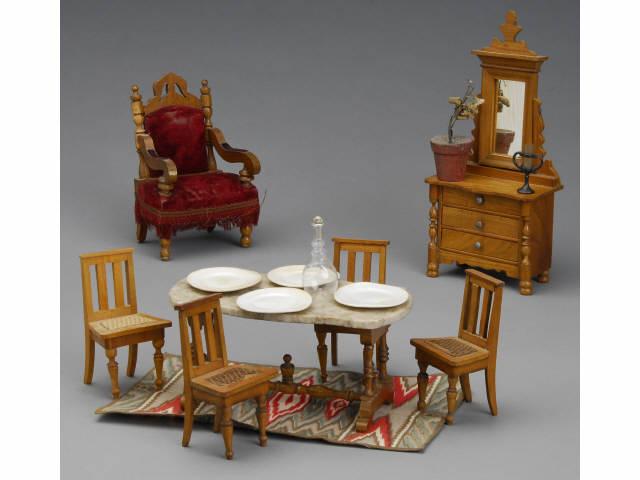 Appraisal: Schneegass Marble-Top Table Bureau Chairs MN Fourteen pieces Includes a